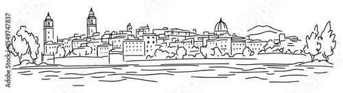 coastal town panorama line drawing