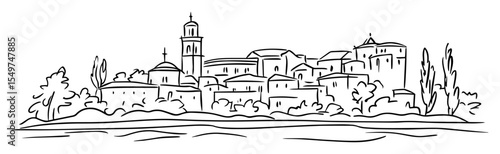 historic town on hill vector sketch