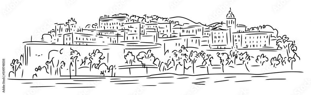 Obraz premium town on a hill by the sea line drawing