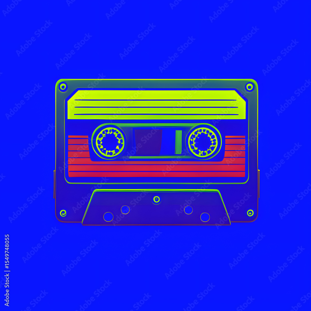 Naklejka premium Neon 80s Icon retro cassette tape green red 90s 2000s synth wave symbol blue isolated background