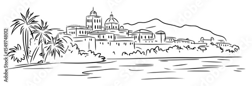 coastal palace with palm trees line drawing