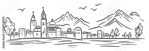 historic town near mountains vector art