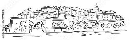 town on a hill by the sea line drawing