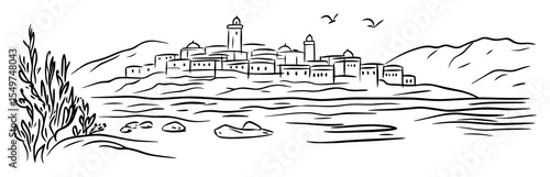 mediterranean village by the sea sketch
