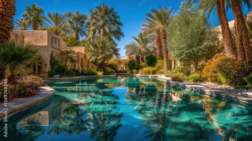 Fototapeta premium Sunlit desert oasis with palm reflections in pool