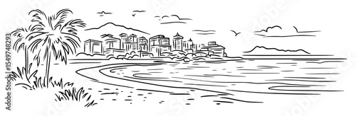 beachfront resort town with palm trees