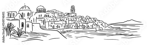 santorini greece cliffside village line art