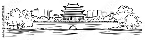 traditional chinese gate with city skyline