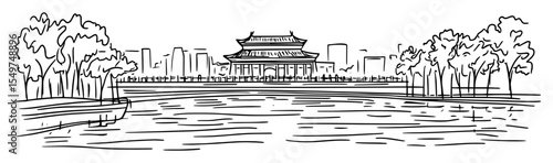beijing ancient building with lake and skyline