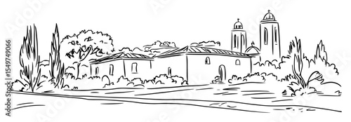 rural chapel with garden and tall cypress trees