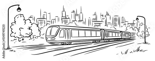 modern city tram with urban skyline background