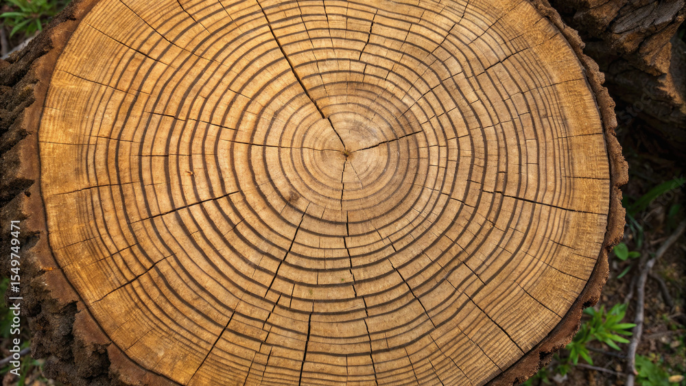 Naklejka premium Close up view of tree trunk cross section showing detailed growth rings, symbolizing age and natural patterns