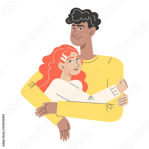 Modern Flat Style Illustration of Interracial Couple Embracing Diversity and Equality