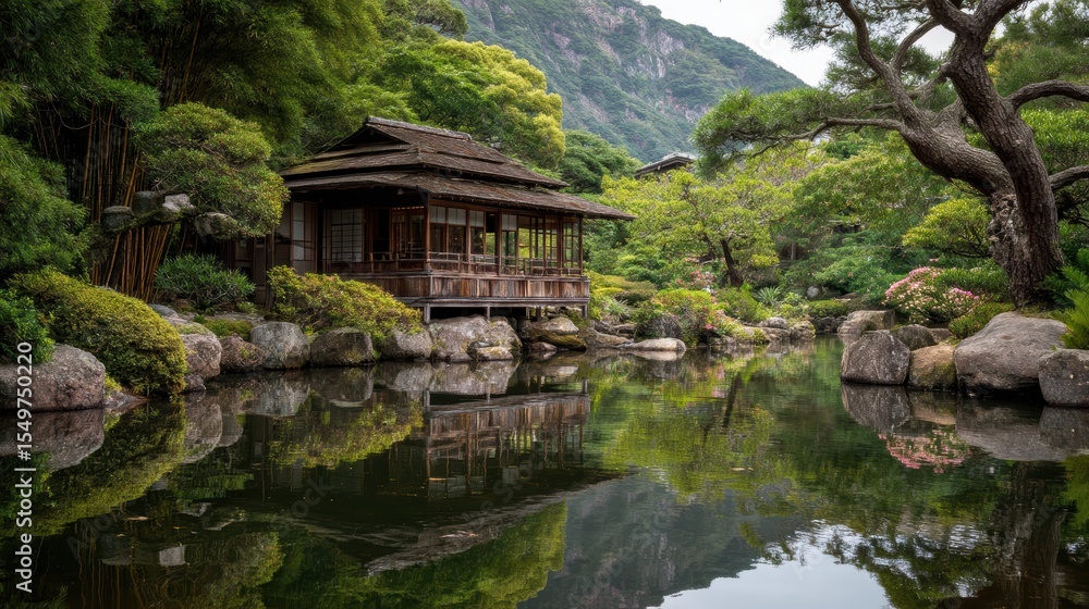 Fototapeta premium Traditional Japanese wooden teahouse surrounded by a bamboo garden