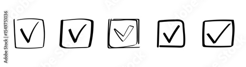 Five hand drawn checkbox icons feature a sketchy style with checkmarks in outlined square shapes.