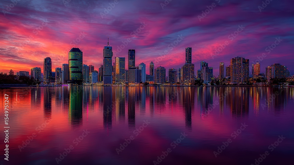 Fototapeta premium Urban skyline at dusk with skyscraper lights reflected in river water