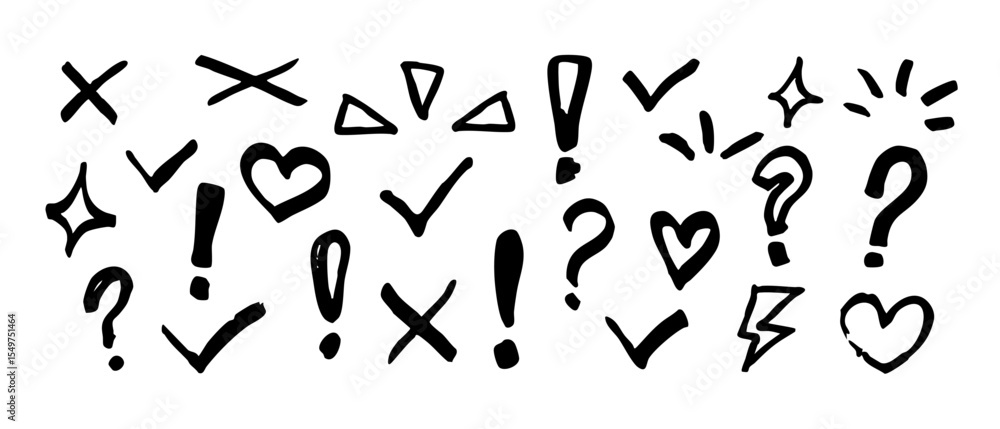 A set of creative, hand drawn doodles with highlights, arrows, frames, and symbols for annotation. A set of creative, hand drawn doodles with highlights, arrows, frames, and symbols for annotation.