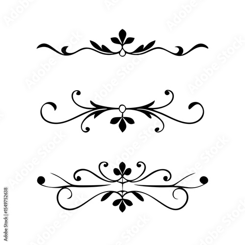 Vector dividers calligraphic line element.Set of Black Hand Drawn Rustic Doodle Design Elements. Decorative Floral Swirls, Scrolls, Text Frames, Dividers. Vintage Vector Illustration. 
