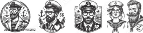 Halftone stipple dotted effect vector bundle design featuring marine label with seaman sailor captain wearing glasses and love symbol in pocket black color illustration set