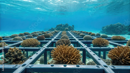 Fototapeta Naklejka Na Ścianę i Meble -  Coral restoration project with vibrant coral fragments growing on metal frame underwater, promoting marine conservation and biodiversity