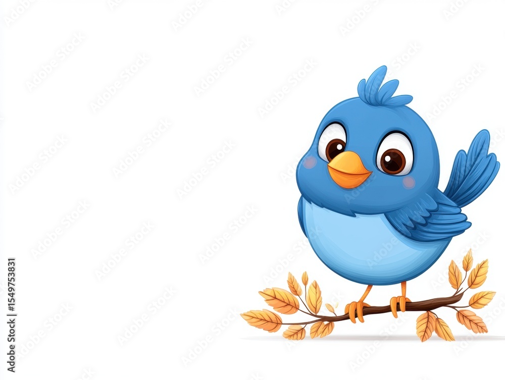 Naklejka premium Cute blue bird on branch with autumn leaves