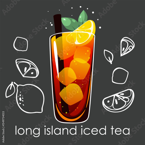 Long Island cocktail with ice on dark background. Summer refreshing drink with lemon wedge, ice cubes and mint. Vector illustration.