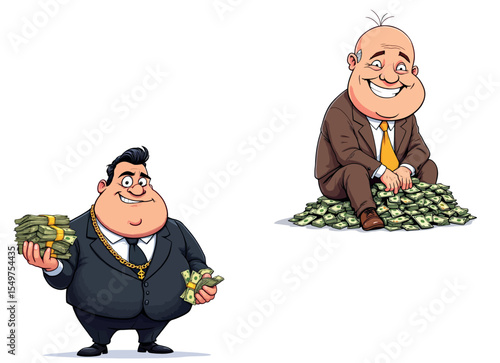 Vsai corrupt businessmen holding and sitting on piles of money