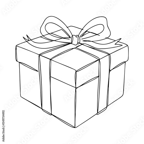Minimal vector line drawing of a square gift box with a ribbon and bow, shown in a simple elegant style