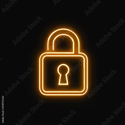 Golden Neon Lock Icon Against Black Backdrop

