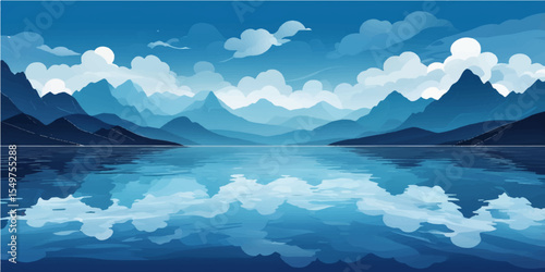 Snow-capped mountains reflect in a serene blue lake under a morning sky with touches of mist and sunlight