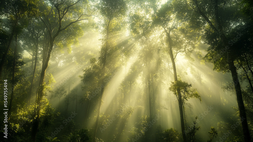 Obraz premium Sunbeams pierce through a lush green forest canopy, illuminating the misty morning air with ethereal shafts of light and revealing vibrant foliage.