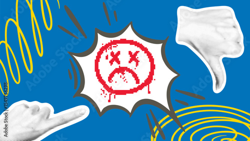 Bad mood contemporary composite collage. Index finger pointing to sad smiley face in pixel art style, which is in speech bubble. Hand with thumb down halftone. Banner vector graphic