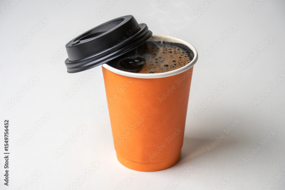 A single orange takeaway cup with black lid, ready for a hot beverage on the go. A single orange takeaway cup with black lid, ready for a hot beverage on the go.