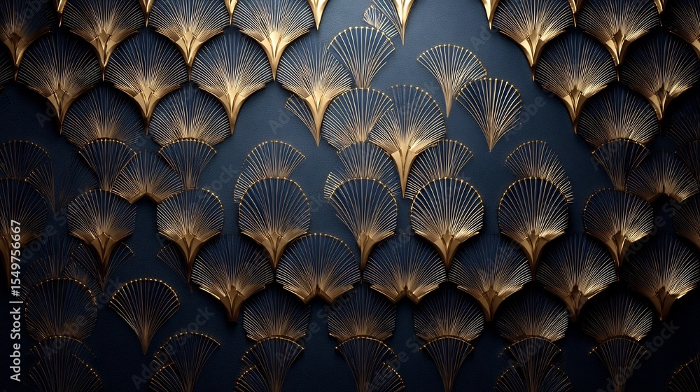 Fototapeta premium Elegant art deco pattern with golden fans on a dark navy blue background
