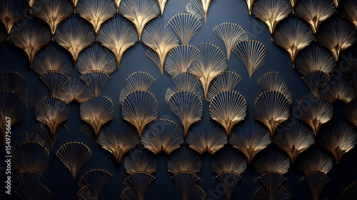 Elegant art deco pattern with golden fans on a dark navy blue background