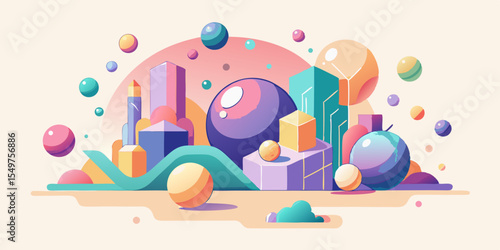 Abstract geometric composition with colorful spheres and building shapes