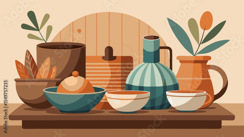 Still life arrangement of ceramic vases bowls and plants in warm earth tones