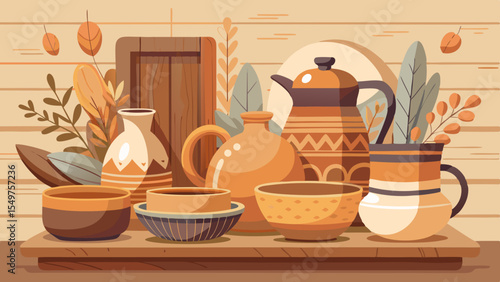 Collection of ceramic pottery and earthenware vessels displayed with autumn foliage