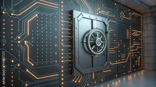 Futuristic vault door embedded in glowing circuit board wall, symbolizing advanced security and technology