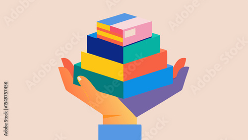 Colorful stacked blocks balanced on open hands in a supportive gesture