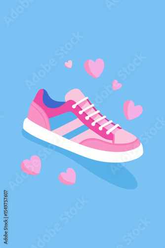 Pink and blue sneaker with hearts on a pastel blue background