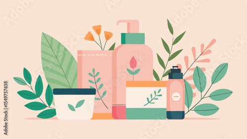 Natural beauty products and botanical elements arranged in a pleasing composition