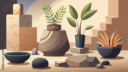 Minimalist still life featuring potted plants and abstract sculptures
