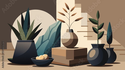 Abstract still life composition with plants and geometric shapes in earth tones