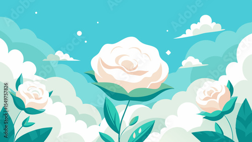 Dreamy sky with blooming white roses and soft clouds illustration