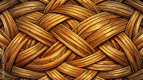 Detailed close up of interwoven natural wood rattan basket weave texture