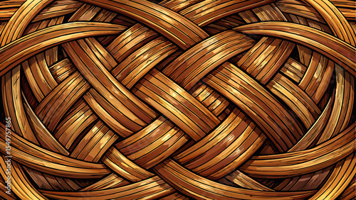 Intricate woven rattan texture with a warm brown and golden hue