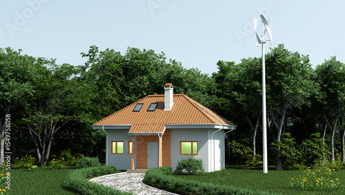Wind generator near the house, 3D illustration