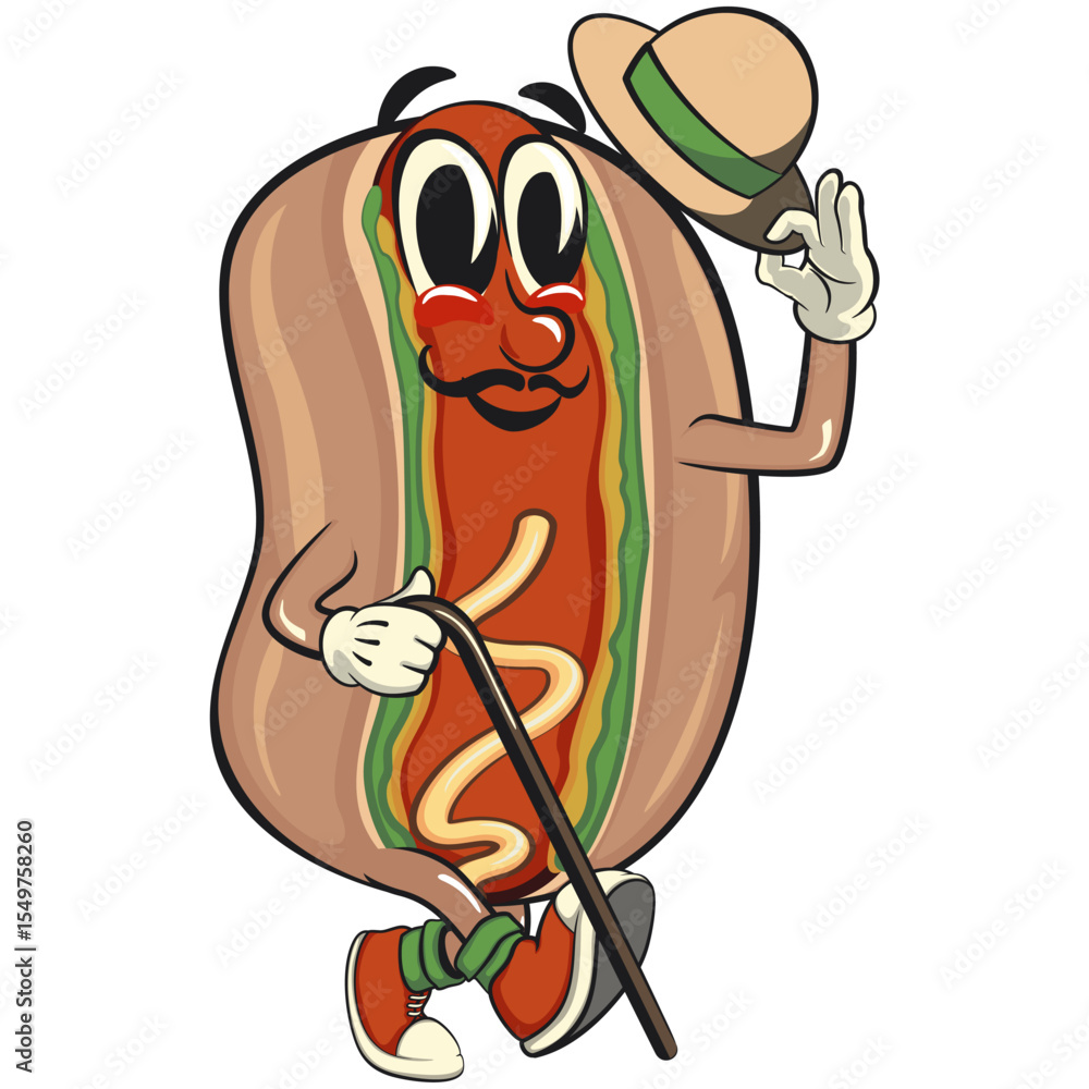 Obraz premium cute hot dog mascot cartoon vector illustration carrying a stick and saluting with raised hat, funny fast food character isolated on transparent background, work of hand drawn
