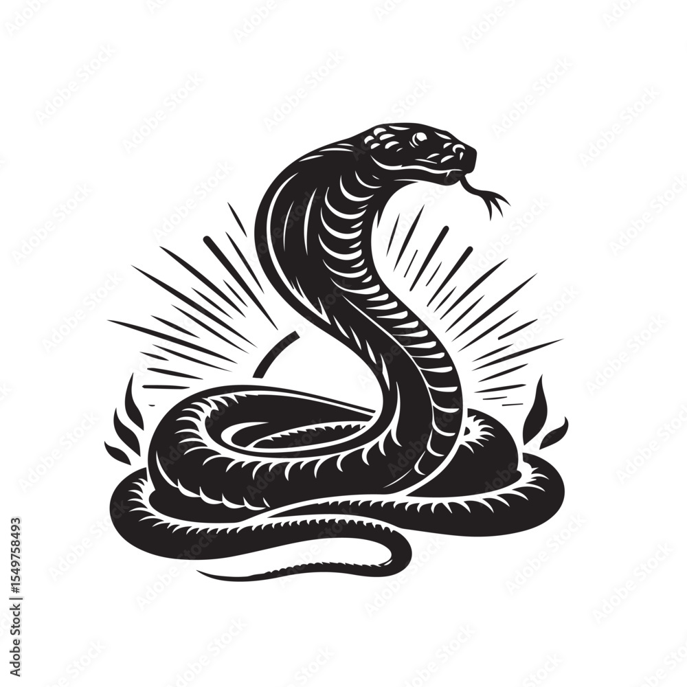 Fototapeta premium Stylized black cobra snake illustration with sunburst and flames on white background